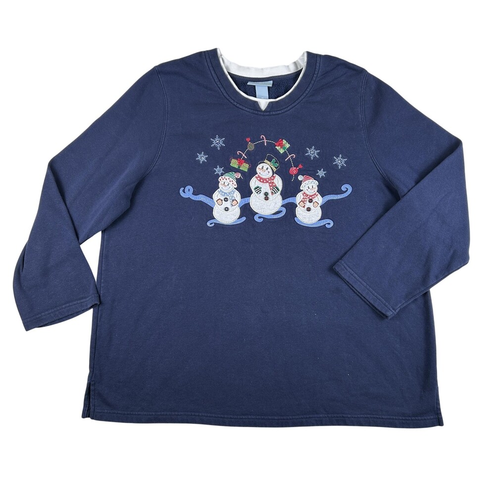Liz & Me Sport Sweatshirt Womens 1X Blue Snowman Christmas Fleece Pullover Top